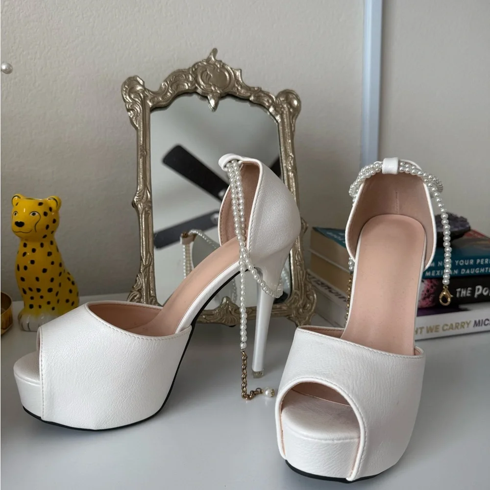 White Platform Heels with Pearl Ankle Strap - Picture 3 of 3